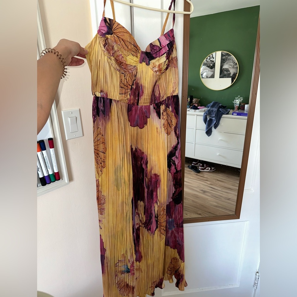 Yellow Pleated Floral Maxi Dress with Plum
